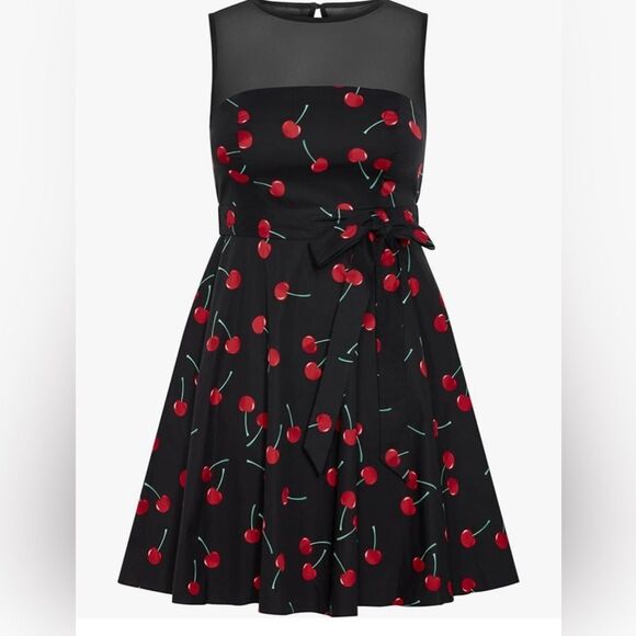 City Chic Molly Cherry Print Fit and Flare Sleeveless Dress Black Red 22 XL NWT - Picture 9 of 15